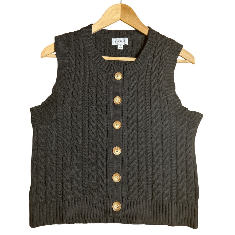 Evereve‎ Cable Knit Button Front Sweater Vest Black Size Medium EUC